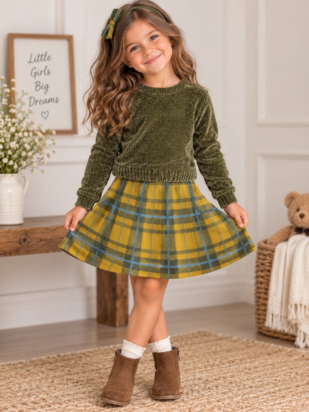 Tommy Bahama Kids Girls 3-Piece Sweater Skirt Headband Olive Set Size S  5/6